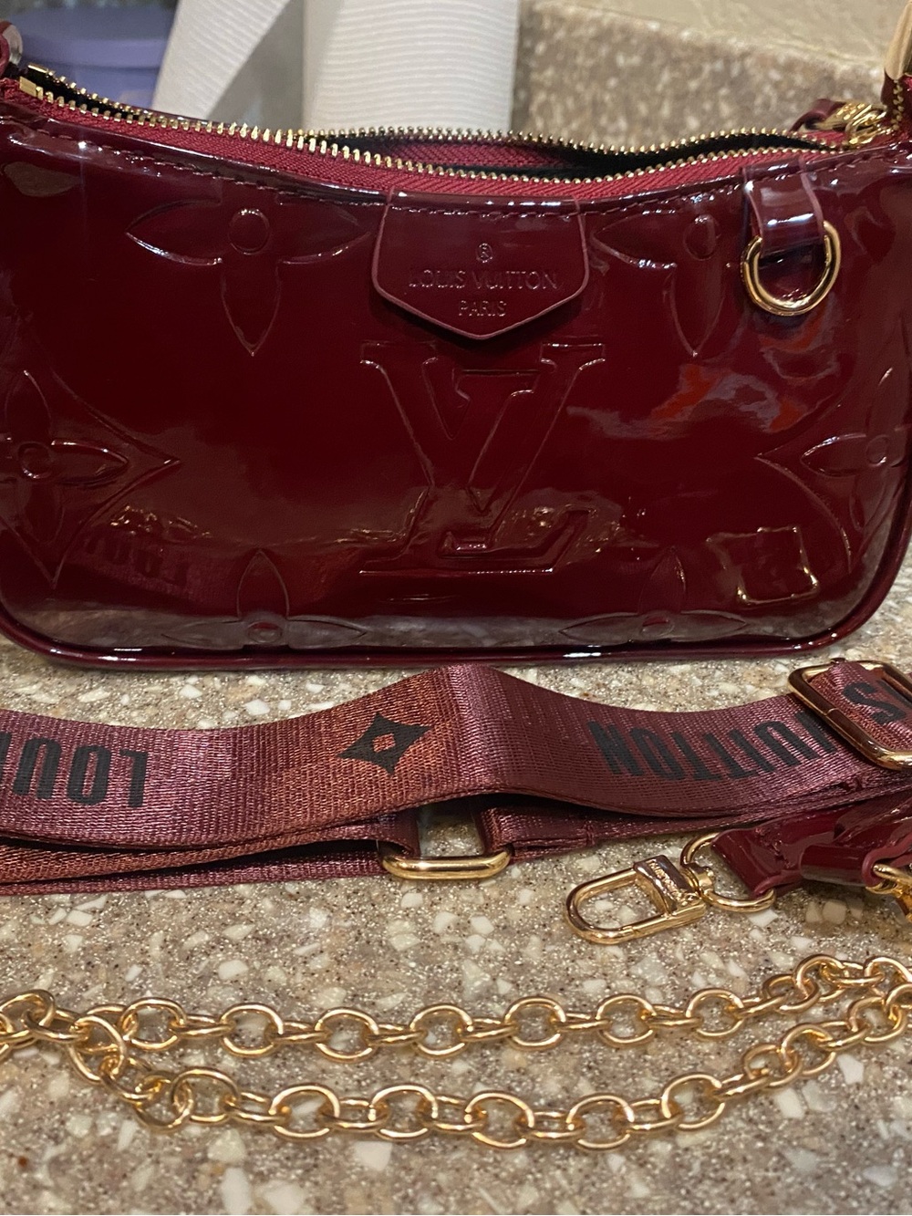 Burgundy Patent Crossbody Bag with Gold Hardware
